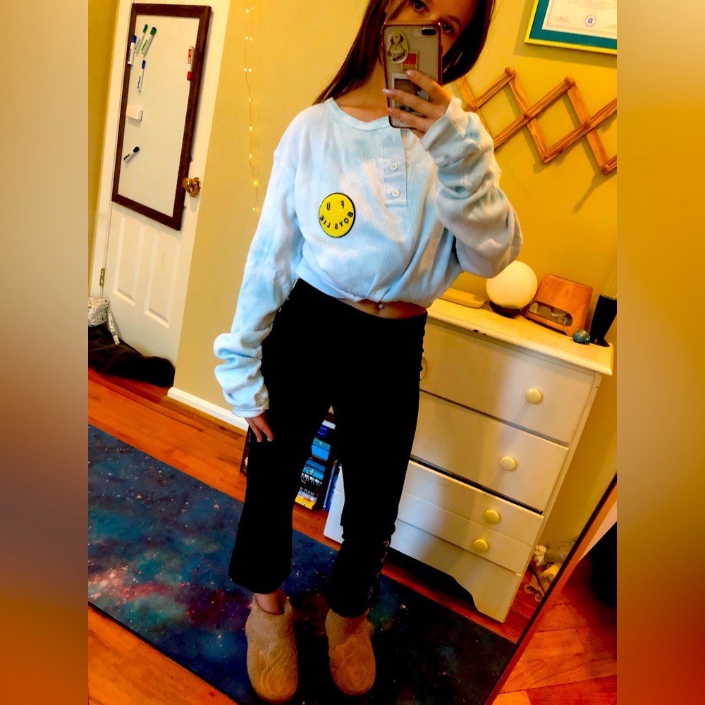 Boys Lie Thermal Waffle Henley Sky Blue Clouds Smiley Face Oversized XS S M L